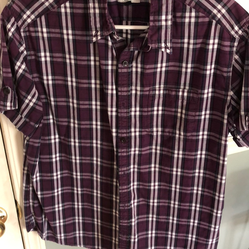 Ruffian plum, black and white plaid shirt